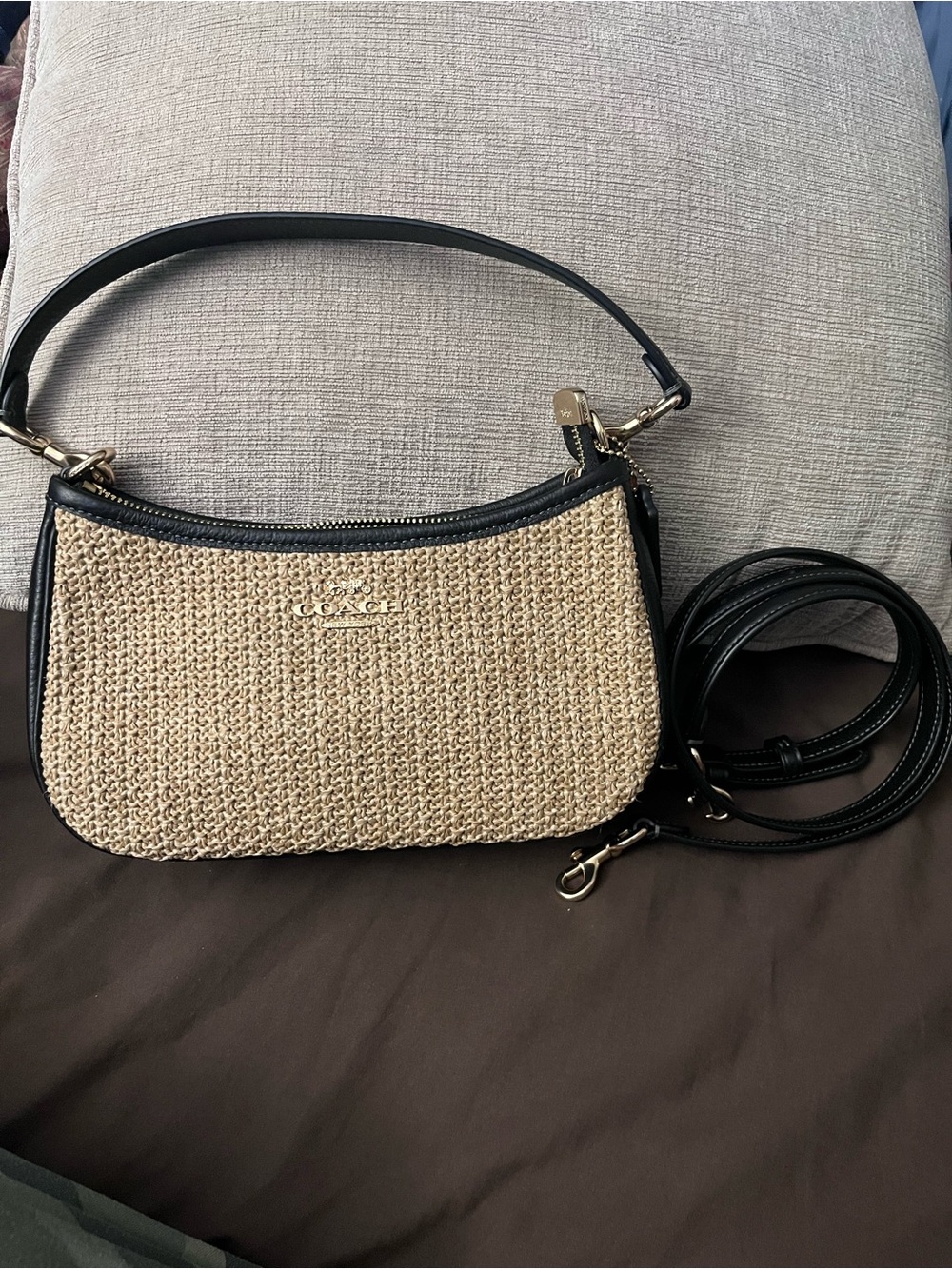 Coach Terri Woven Straw Shoulder Bag with Black Trim - Picture 3 of 7